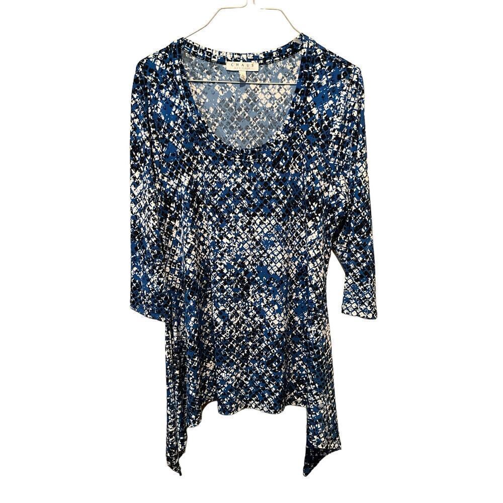 Chaus Top Women's Large Blue Printed Polyester Stretch‎ Round Neck Pullover